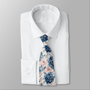 Gravata Flores de Aquarela Rosas Azuis Navy Empoeiradas