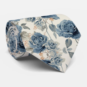Gravata Flores de Aquarela Rosas Azuis Navy Empoeiradas