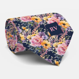 Gravata Flores de Aquarelas Azuis de Marinho Rosa Elegante