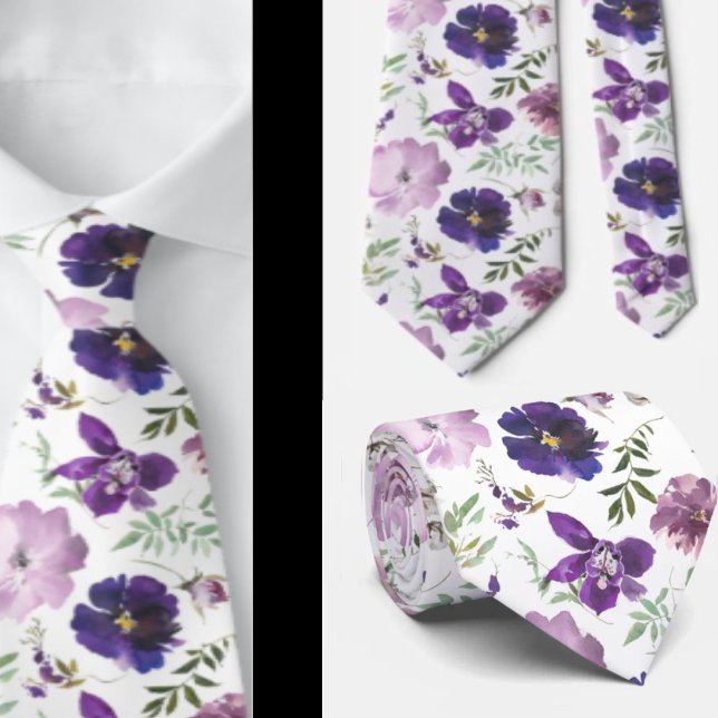 Gravata Flores De Aquarelas Brancas De Lavanda Roxa (Criador carregado)