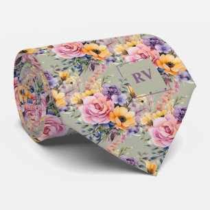 Gravata Flores de Aquarelas Verdes Elegantes Blush Pink Sa