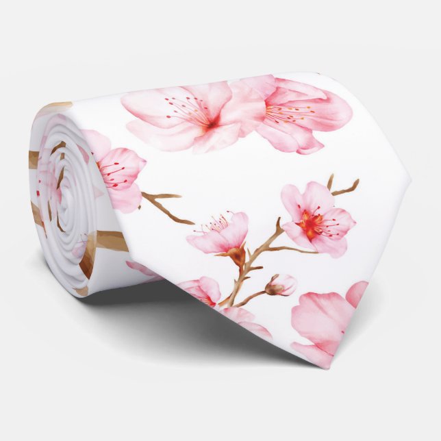 Gravata Flores de Cerejeira Aquarela Rosa Branco (Rolled)