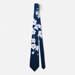 Gravata Flores de Cerejeira Azul Marinho Branco