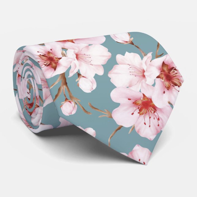 Gravata Flores de Cerejeira em Aquarela Rosa Desbotado (Rolled)