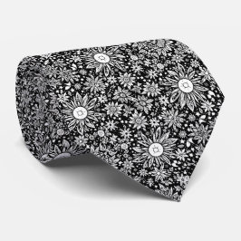 Gravata Flores de Espaço Padrão Preto e Branco Floral