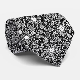 Gravata Flores de Espaço Padrão Preto e Branco Floral