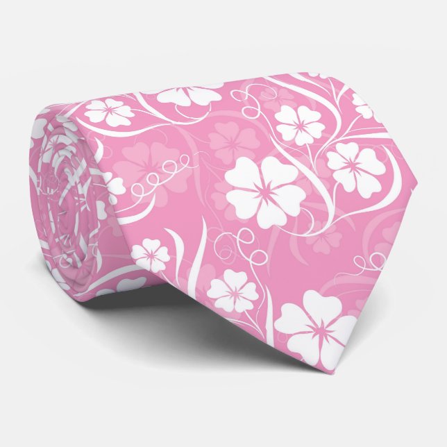 Gravata Flores de Hibisco Tropical Havaiano Rosa Branco (Rolled)