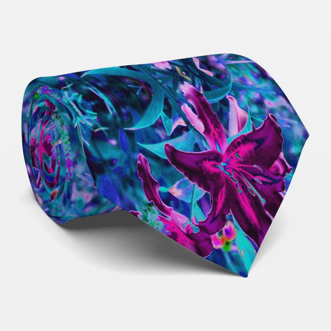 Gravata Flores de Lírio Oriental Abstratas Roxas e Rosa Qu (Rolled)