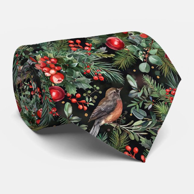 Gravata Flores de Natal Festivas e Elegantes com Pássaros (Rolled)
