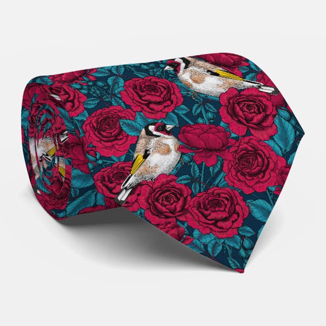 Gravata Flores de rosa vermelha e aves-pintadas (Rolled)