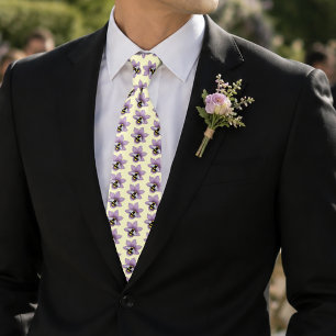 Gravata Flores Elegantes Roxo Amarelo Mel Colmeia Abelha