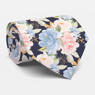 Gravata Flores em Aquarela Rosas Azul Empoeirado Rosa Empo