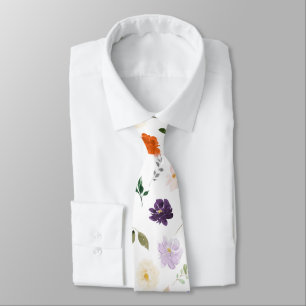 Gravata Flores em Aquarela Roxos e Laranja Ferrugem Rosas