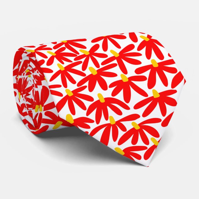 Gravata Flores Estilizadas - Vermelho, Âmbar e Branco (Rolled)