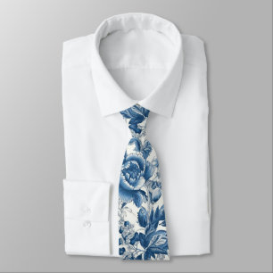 Gravata Flores Florais de Chinoiserie Blue e White Peonies