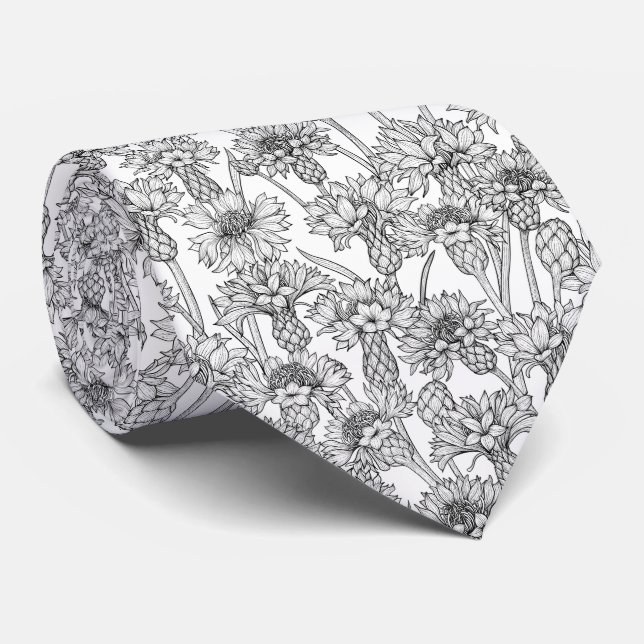 Gravata Flores, flores silvestres, a preto e branco (Rolled)