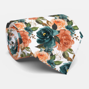 Gravata Flores H2 Azul Turquesa e Laranja Ferrugem Rosas