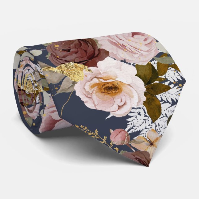 Gravata Flores H2 PixDezine Flores Borgonha Marinho de Ros (Rolled)