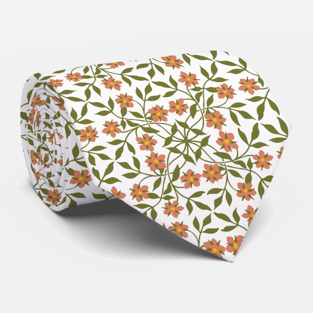 Gravata Flores Laranja, Padrão Floral, Verde, Boho (Rolled)