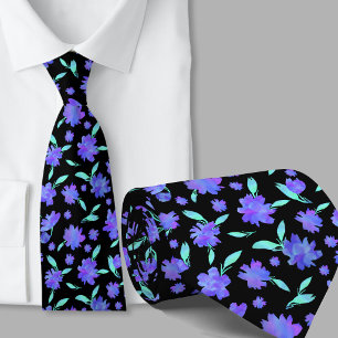 Gravata Flores modernas em aquarela azul e turquesa