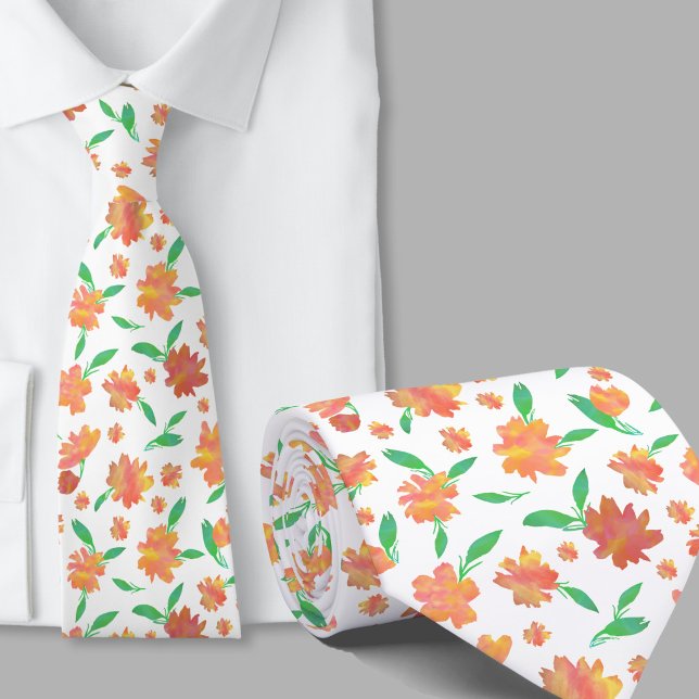 Gravata Flores modernas em aquarela laranja e verde (Criador carregado)