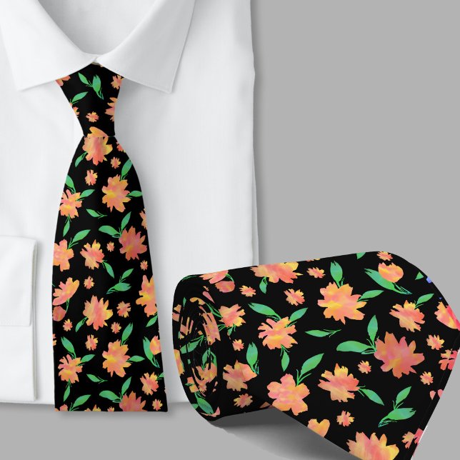 Gravata Flores modernas em aquarela laranja e verde (Criador carregado)
