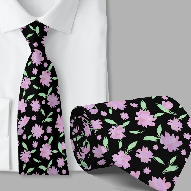 Gravata Flores modernas em aquarela rosa e verde (Criador carregado)