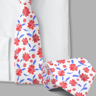 Gravata Flores modernas em aquarela vermelha e azul