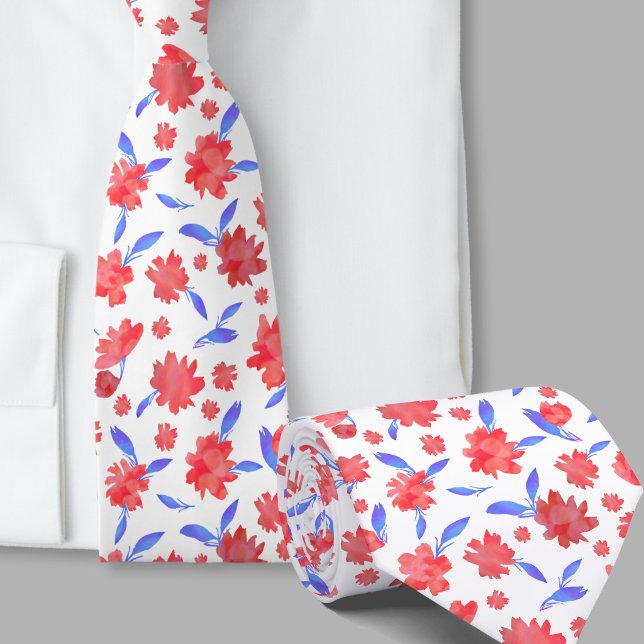 Gravata Flores modernas em aquarela vermelha e azul (Criador carregado)