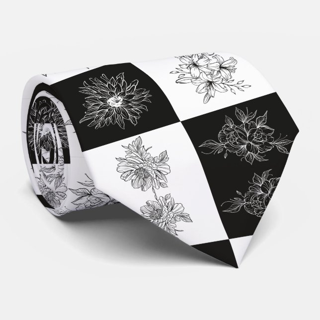 Gravata Flores monocromáticas e padrão xadrez (Rolled)