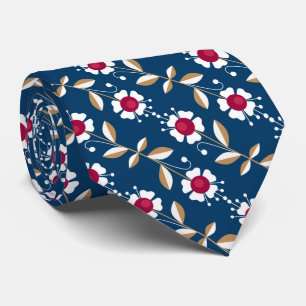 Gravata Flores retro brancas sobre fundo azul escuro
