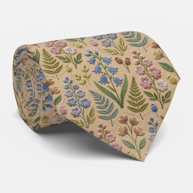 Gravata Flores Silvestres Falso Seda | Estilo de Bordado V (Rolled)