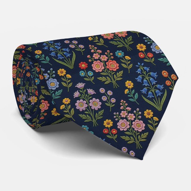 Gravata Flores Silvestres Falso Seda | Estilo de Bordado V (Rolled)