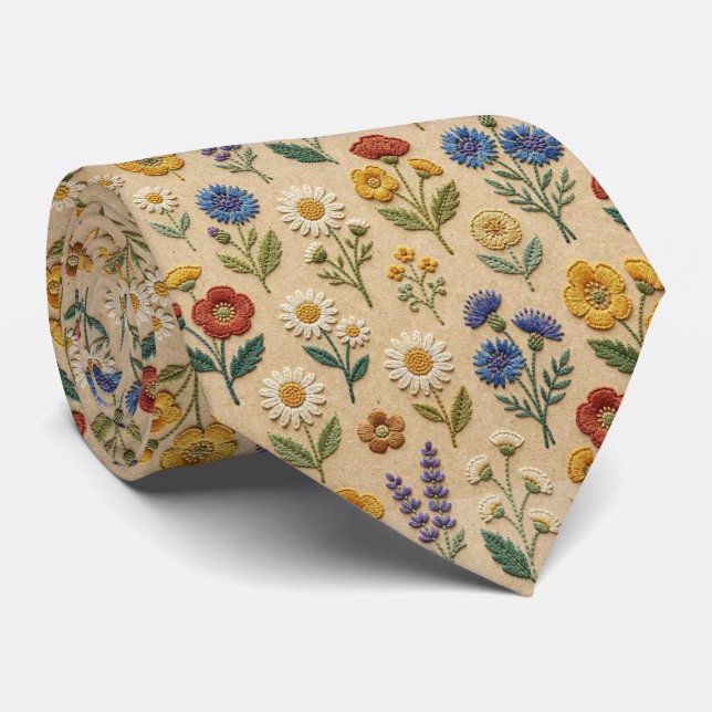 Gravata Flores Silvestres Seda Falsa | Estilo de Bordado V (Rolled)