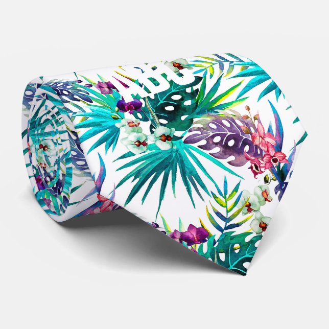 Gravata Flores Tropicais Coloridas e Folhagem (Rolled)