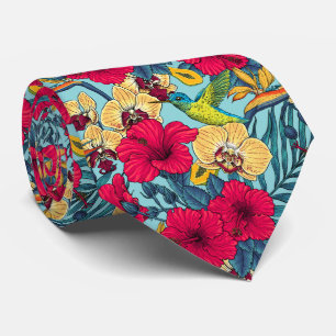 Gravata Flores Tropicais e Beija-flor - Botanica de Verão
