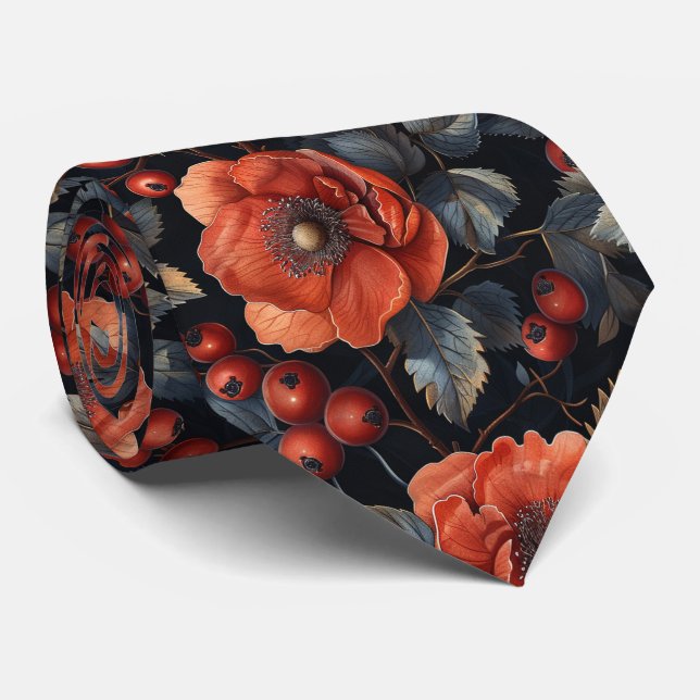 Gravata Flores vermelhas em preto (Rolled)