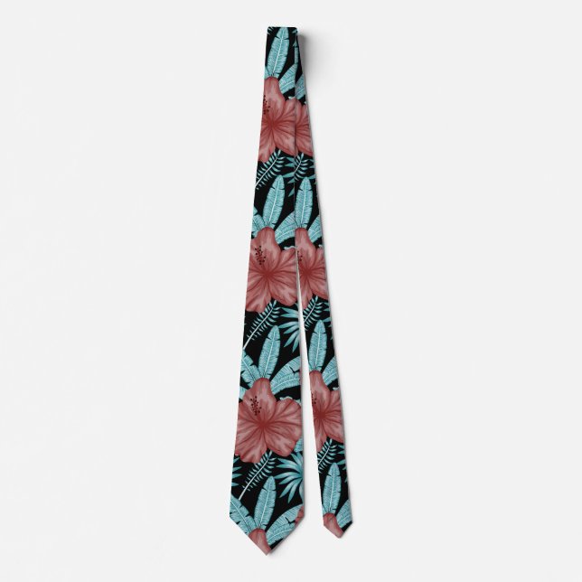 Gravata Flores vermelhas padrão uniforme tropical folhas & (Frente)