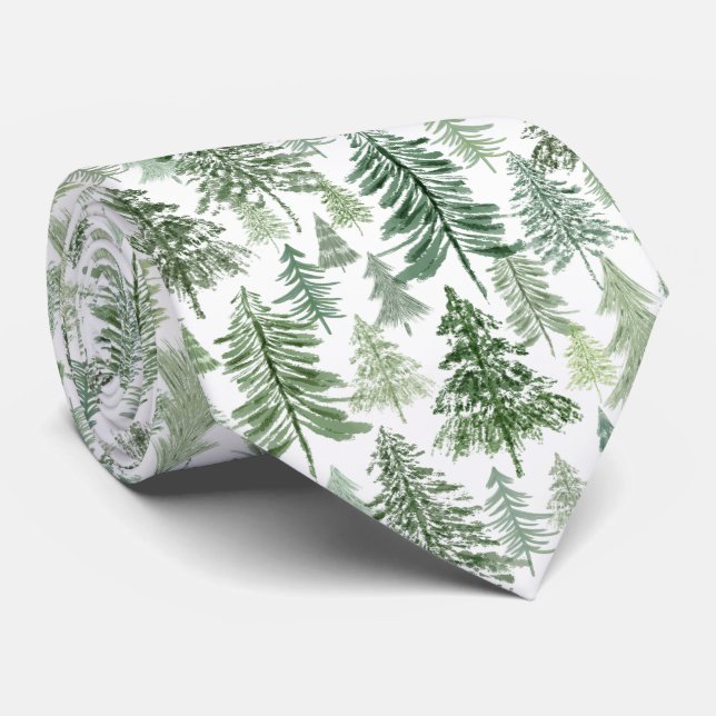 Gravata Floresta de Árvore de Natal em Verde sobre Branco (Rolled)