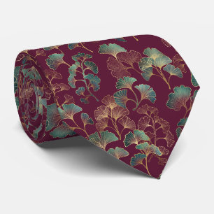 Gravata Folha de Ginkgo Elegante em Borgonha e Azul Turque