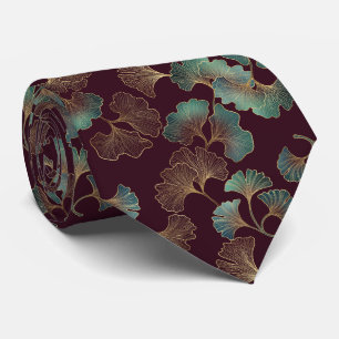 Gravata Folha de Ginkgo Elegante em Borgonha e Azul Turque
