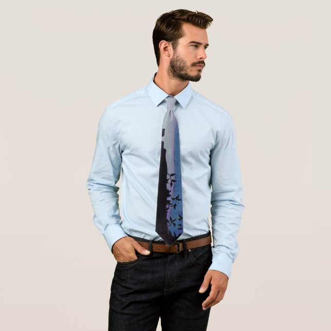 Gravata folha preta com abstrato lilás azul pastel (In Situ)