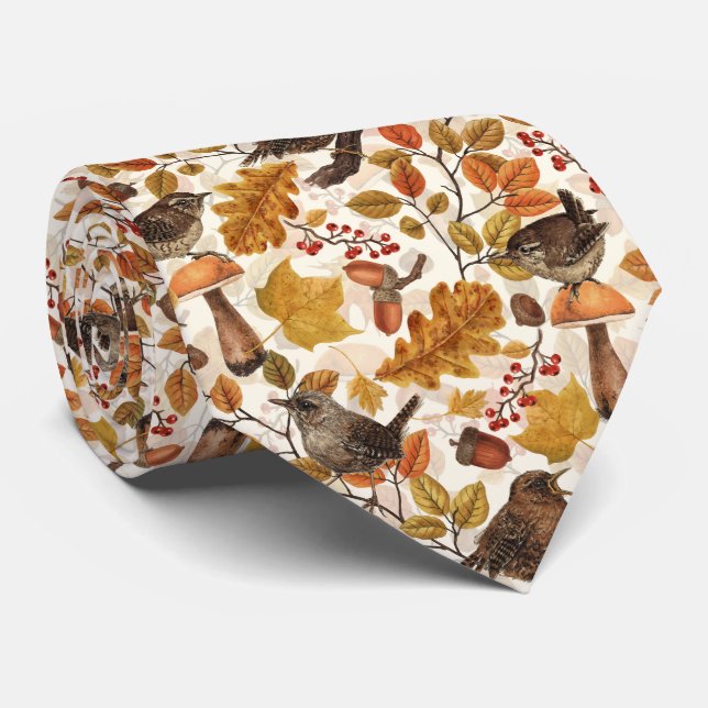 Gravata Folhas, bagas, cogumelos e wrenes de outono (Rolled)