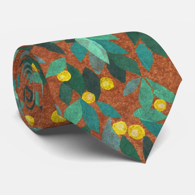 Gravata Folhas Bagas Padrão Floral Mínimo Simples Limão (Rolled)