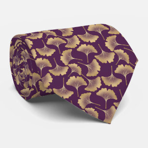 Gravata Folhas de Ginkgo Douradas de Luxo em Roxo Fundo (6