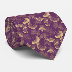 Gravata Folhas de Ginkgo Douradas de Luxo em Roxo Fundo (7