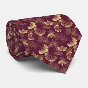 Gravata Folhas de Ginkgo Douradas Luxuosas em Burgundy Pro