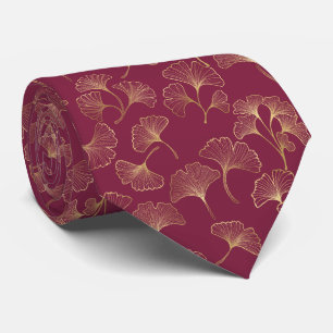 Gravata Folhas de Ginkgo Douradas Luxuosas em Burgundy Pro