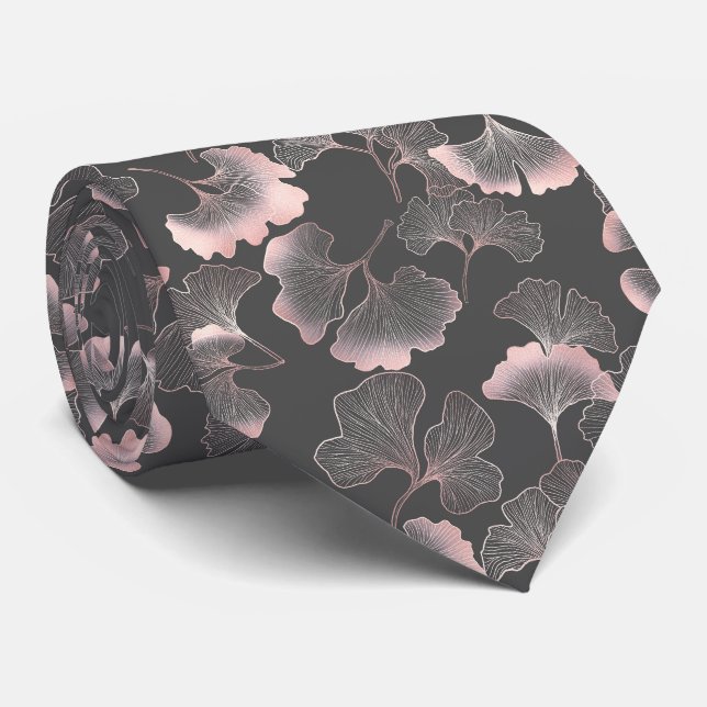 Gravata Folhas de Ginkgo Rosa Refinadas com Textura Metáli (Rolled)