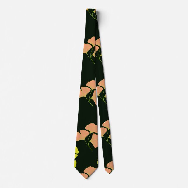Gravata Folhas de Ginko Pastel em fundo preto (Frente)